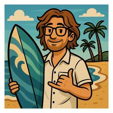 Transform the gangster alligator cartoon into a surfer beach bum with brown hair like a guy, wearing a white button-up shirt and glasses. Keep the cartoon style, add a relaxed beach vibe, and include beach elements like a surfboard or waves. Maintain the cartoon style but with a laid-back beach atmosphere. sticker