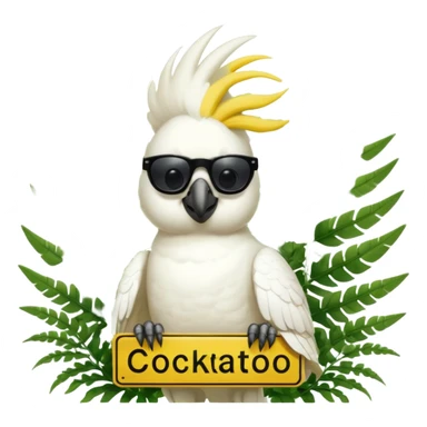 sulfer crested cockatoo wearing sunglasses sitting in a green fern tree with an australian street sign saying 'cockatoo' sticker