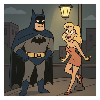 Batman and a woman in a short dress and high heels, cartoon style, under a streetlight, playful and non-explicit sticker