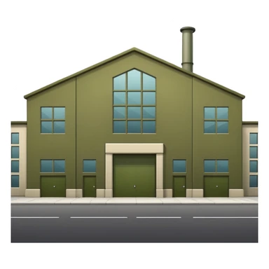 minimalistic industrial factory building, military olive green color, large windows, industrial doors, no smoke, visually appealing, no weapons, no vehicles, not a house sticker