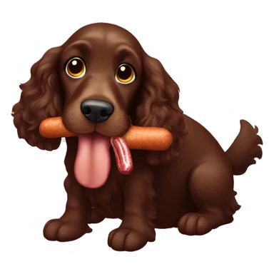 Dark brown cocker spaniel eating a sausage sticker
