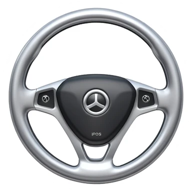 A futuristic steering wheel emoji made of silver chrome, minimal geometric design, smooth metallic surface, soft reflections, iOS emoji style, centered, clean white background sticker