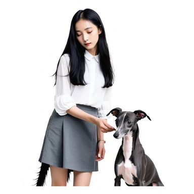 Slim Chinese girl with long black hair petting completely dark grey Italian greyhound with absolutely no white markings anywhere sticker