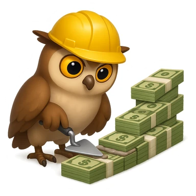 В стилистике эмоджи сгенерируй сову, она в строительно шлеме сосредоточено мастерком для цемента выкладывает пачки долларов по переднему плану будто они кирпичи, пачки идут в возрастающем порядке, картинка символизирует "управляемый рост выручки", прозрачный фон sticker