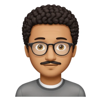 A friendly person with medium-brown skin, large warm brown eyes, thin rectangular glasses, a short mustache and small goatee, black short curly hair. Rounded face, calm slight smile. Head-and-shoulders emoji style, bold outlines, simple shapes, bright colors, transparent background. sticker
