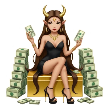 Sensual seductress long brown straight haired sexy drug lord woman with  glitter platform high heels on her feet,  and devil black horns on her head, holding a stack of cash, has a phone in other hand. Sitting on gold cases full of drugs, long black dress with sexy slit sticker