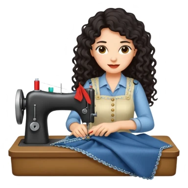 a woman with long curly dark hair sewing clothes sticker