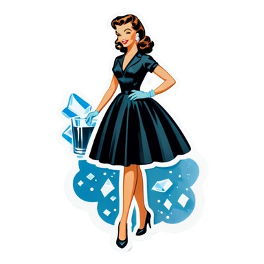 Beautiful woman in 1950’s woman fashion look, black shimmery dress, long dark brown hair, whisky with ice sticker