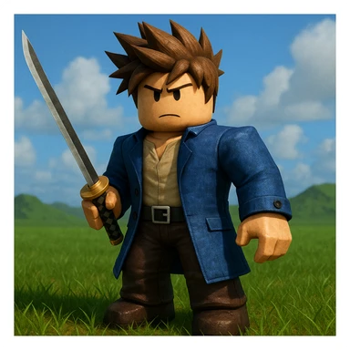 Roblox Blox Fruit character with spiky hair and sword, authentic Roblox style, not chibi, detailed digital art sticker