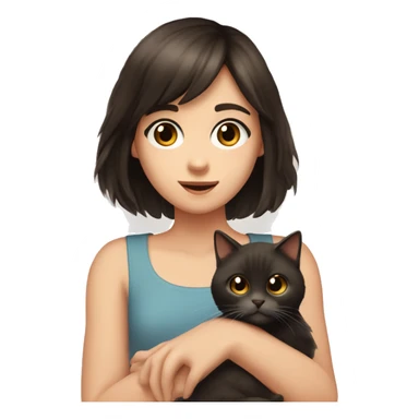 A pale girl with dark brown hair and dark brown eyes and bangs holds a cat in her hands and looks at her sticker