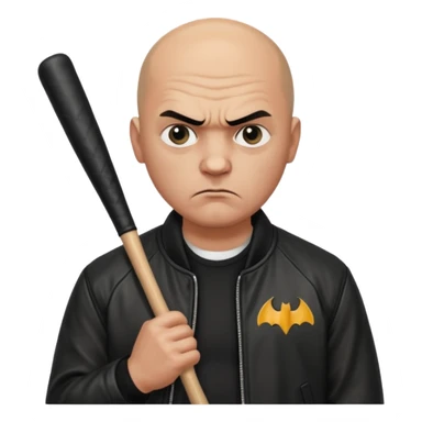 Bald Russian 1990s gangster emoji, leather jacket, , serious angry face with a bat sticker