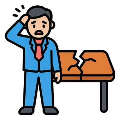 a business person standing by a shattered conference table, minimal background, expressive pose, icon style sticker