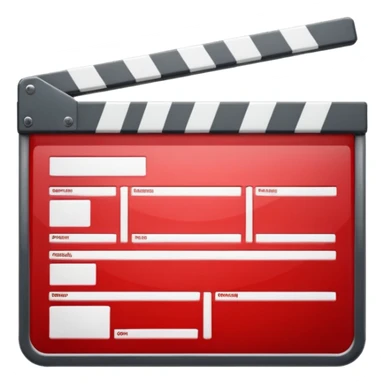 Glossy bright red clapperboard in the classic style of Apple icons: the top bar is tilted up-left, the body and bar with a deep glossy glare, dark gray edging, black background inside, perfectly square with rounded corners. 🔴🎬✨ sticker