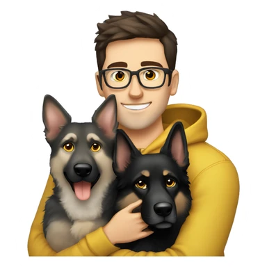 a handsome guy (dark brown hair, light blue colour eyes, thin stylish black glasses, hoodie) hugging a dog (grey colour german shepherd, yellow/brown eyes) sticker