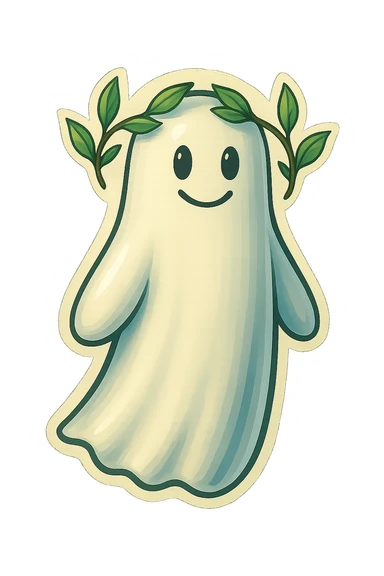 Make the leafy wreath on the ghost's head more sparse, with fewer leaves spaced out along the crown. Keep the ghost and background unchanged, and match the illustration style and colors. The wreath should look delicate and not too dense. Maintain the original illustration style and colors as seen in the reference image. sticker