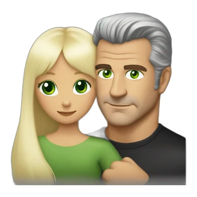Mel Gibson hugging a woman blond square staright haire with fringe and green eyes sticker