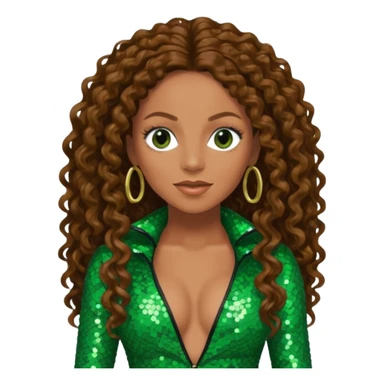 Mel B from Spice Girls with long brown curly hair, green sequin outfit sticker