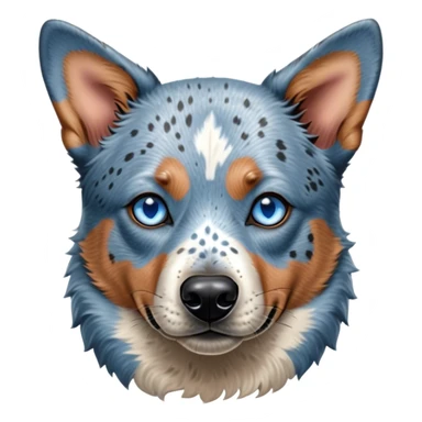 Cinematic Noble Blue Speckle Australian Cattle Dog Portrait Emoji, Poised and regal, with a robust, athletic build and a striking blue speckle Fur, piercing blue eyes, Simplified yet sharp and sophisticated features, highly detailed, glowing with a cool, dignified glow, high shine, intelligent and hardworking, stylized with an air of precision, focused and attentive, soft glowing outline, capturing the essence of a watchful and determined herder, so majestic it feels as though it could leap out of the screen with effortless authority! sticker