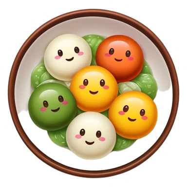Shanghai Tangyuan sticky rice balls with colorful fillings in syrup, simplified emoji style with bold outlines and bright colors, cartoon style sweet Chinese dessert sticker