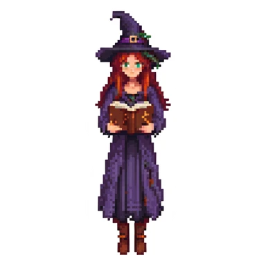 pixel art of a single witch from a cursed coven, holding a spellbook, dark and mysterious sticker