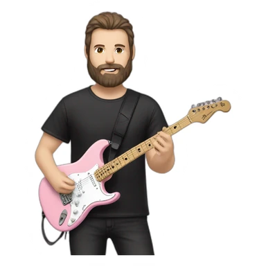 white man with dark beard and black t shirt and pastel pink stratocaster electric guitar sticker