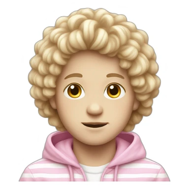 Pale boy, with fluffy hair and wearing a white hoodie with pink stripes sticker