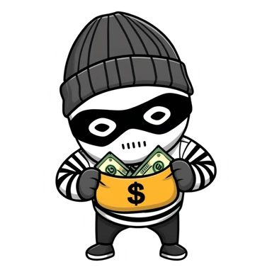 burglar wearing black and white striped shirt, black beanie, black mask over eyes, holding a moneybag sticker