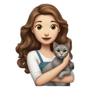 A wite skin woman with wavy brown hair holding a grey cat sticker