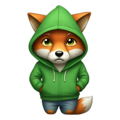 A sad fox with one eye and a green hoodie sticker