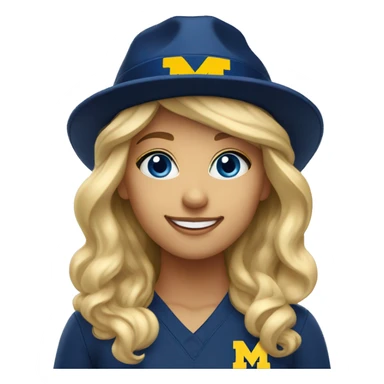 Blonde girl with blue eyes smiling wearing University of Michigan hat sticker