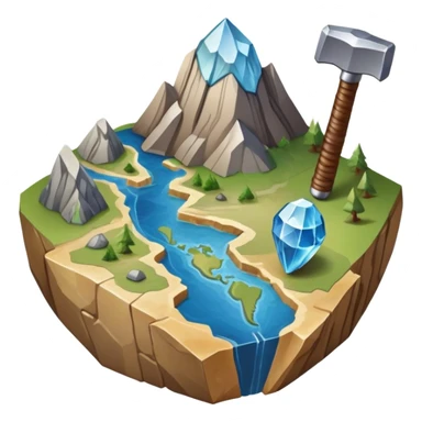 An icon featuring a rock hammer, a fossil, and a geological map, symbolizing geology. The design includes layers of the Earth, a crystal, and a mountain range, representing the study of Earth's structure, materials, and natural processes. Transparent background highlights geological research sticker