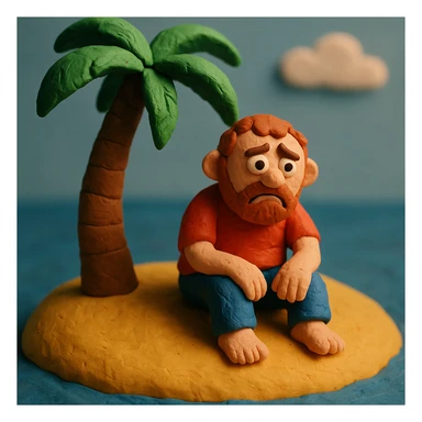 stranded man on a sandy island with palm tree in claymation style sticker
