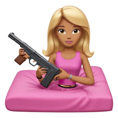 Brown skin blonde hair barbie laying in bed holding a black gun sticker