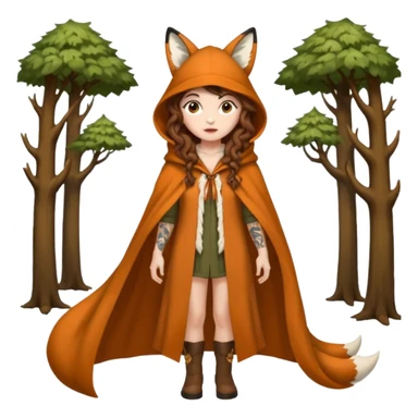 full body woman long curly brown hair brown eyes white skin tattoos wearing fox ear hat and open forest cloak, confident stance sticker