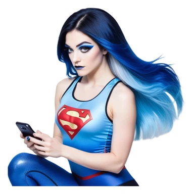 Shameful-head tilted-texting on phone-very very very large upper body-sexy face-bending forward at waist-very long very straight dark blue to light blue ombre hair-and-blue eyes-thick black eyeliner-thick long eyelashes-iridescent blue lowcut tanktop with black leggings with glitter superman logo sticker