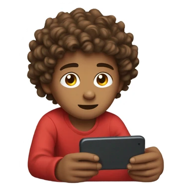 Create a young brown boy with curly hair in red clothing lying down at his bed scrolling off his phone. sticker