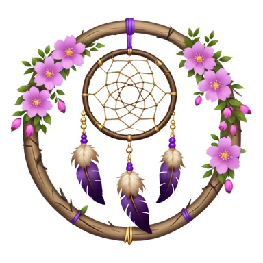 A white-birch-circle-framed Dreamcatcher. with purple-round-orbs, gold-rings hanging down. purple flowers, pink sakura flowers, sticker