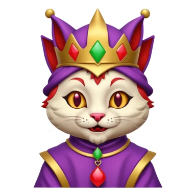 crazy colorful cute little cat jolly joker from poker, medieval, vintage, court jester, mac os icon, purple, gold and red color, half body sticker
