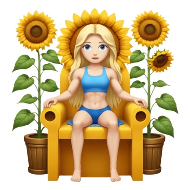 full body woman long blonde hair blue eyes white skin muscular build inside sunflower throne sticker