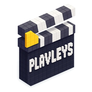 voxel style movie clapperboard with the text 'PLAVLEYS', black body, white lid, isometric view sticker