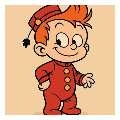 bébé Spirou, cartoon style, proportions enfantines, costume rouge, sourire espiègle sticker