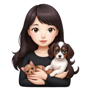 Asain girl with pink blush, wearing a black skinny top, long dark brown curled hair with straight bangs. Carrying a white kitten and a brown dashund puppy.  sticker
