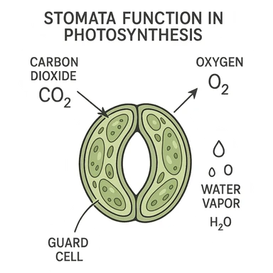 highly scientific, detailed, and labeled illustration focusing on stomata function in photosynthesis, showing gas exchange, guard cells, and molecular movement, no background, transparent sticker