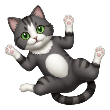 dark grey cat with green eyes, white toes/paws and white patch on her chest playfully rolling upside down sticker