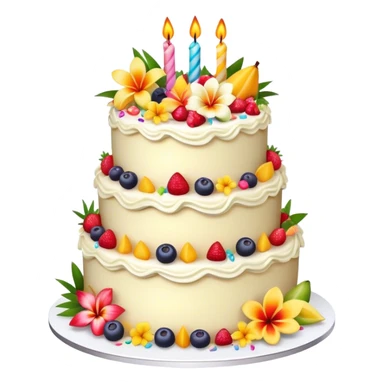 Realistic confetti vanilla birthday cake, elaborate, layered, with tropical flowers and fruits  sticker