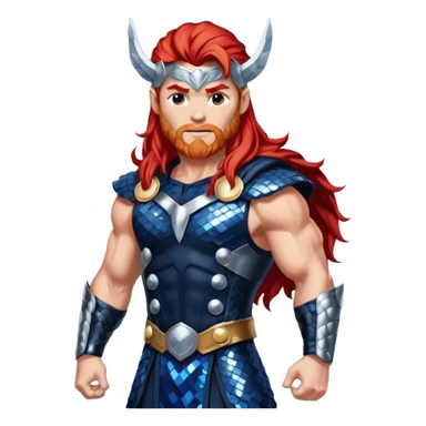 Thor, God of Thunder from Gods and Goddesses with long red hair, dark blue and silver sequin outfit sticker