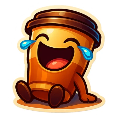 Tall coffee cup, laughing hard, tears in eyes, sitting on ground, tilted back, dramatic laugh sticker