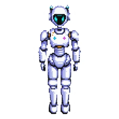 friendly feminine robot agent, pixel art style, soft colors, gentle features, for reporting child abuse reporting sticker