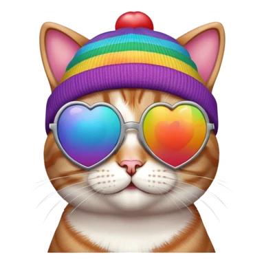cat wearing a rainbow beanie and heart-shaped sunglasses sticker