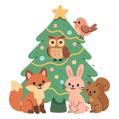 pine tree decorated with woodland critters in pastel-toon style sticker
